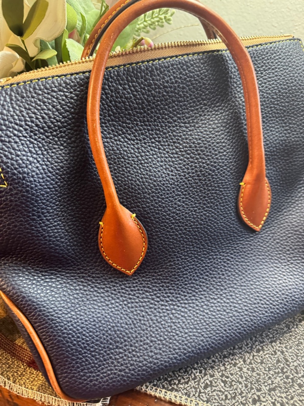 Dooney & Bourke Navy Pebbled Leather Crossbody Satchel with Brown Trim - Picture 6 of 10
